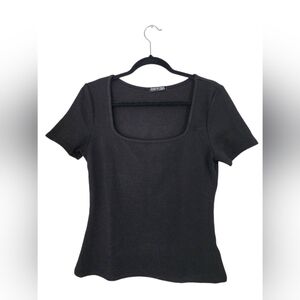 Shein Black Square Neck Cap Sleeve Fitted T-Shirt, Size Tall XL